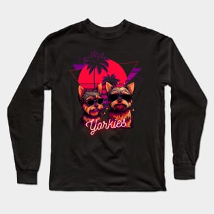 Yorkie's With Sunglasses and Retro Palm Tree Sunset Long Sleeve T-Shirt